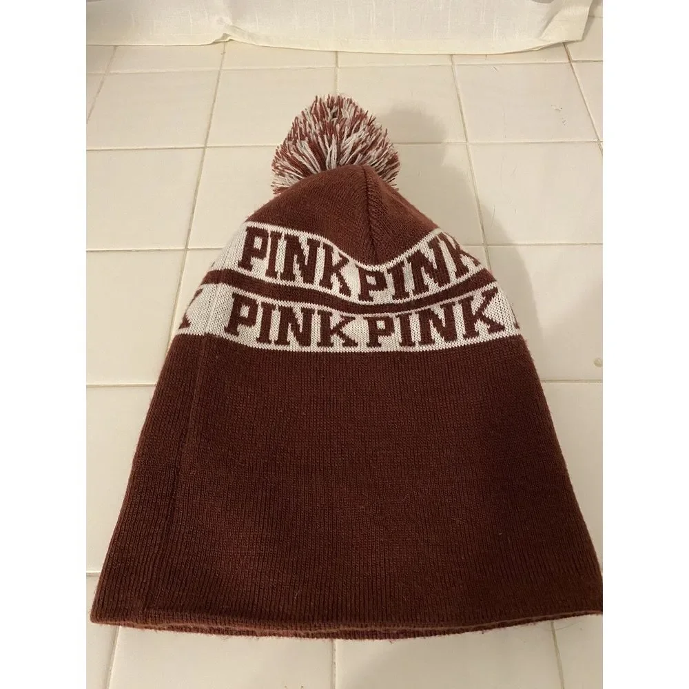 Victoria's Secret‎ VS Pink Pom Beanie Winter Hat Stocking Cap Toboggan Maroon - Picture 2 of 6